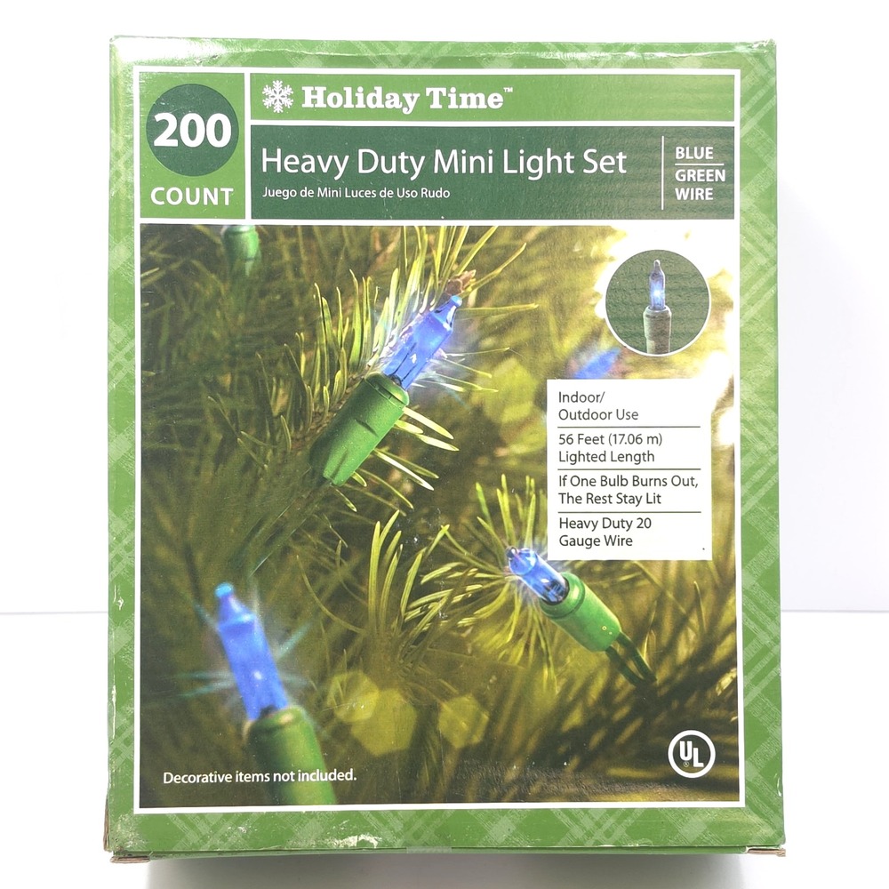 Holiday Time Heavy Duty 200 Mini Light Set Blue Christmas Lights Green Wire NIB